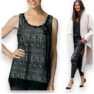 CAbi Emily Lace Overlay Tank Blouse Black And Cream Lined Edgy FloralSize Medium